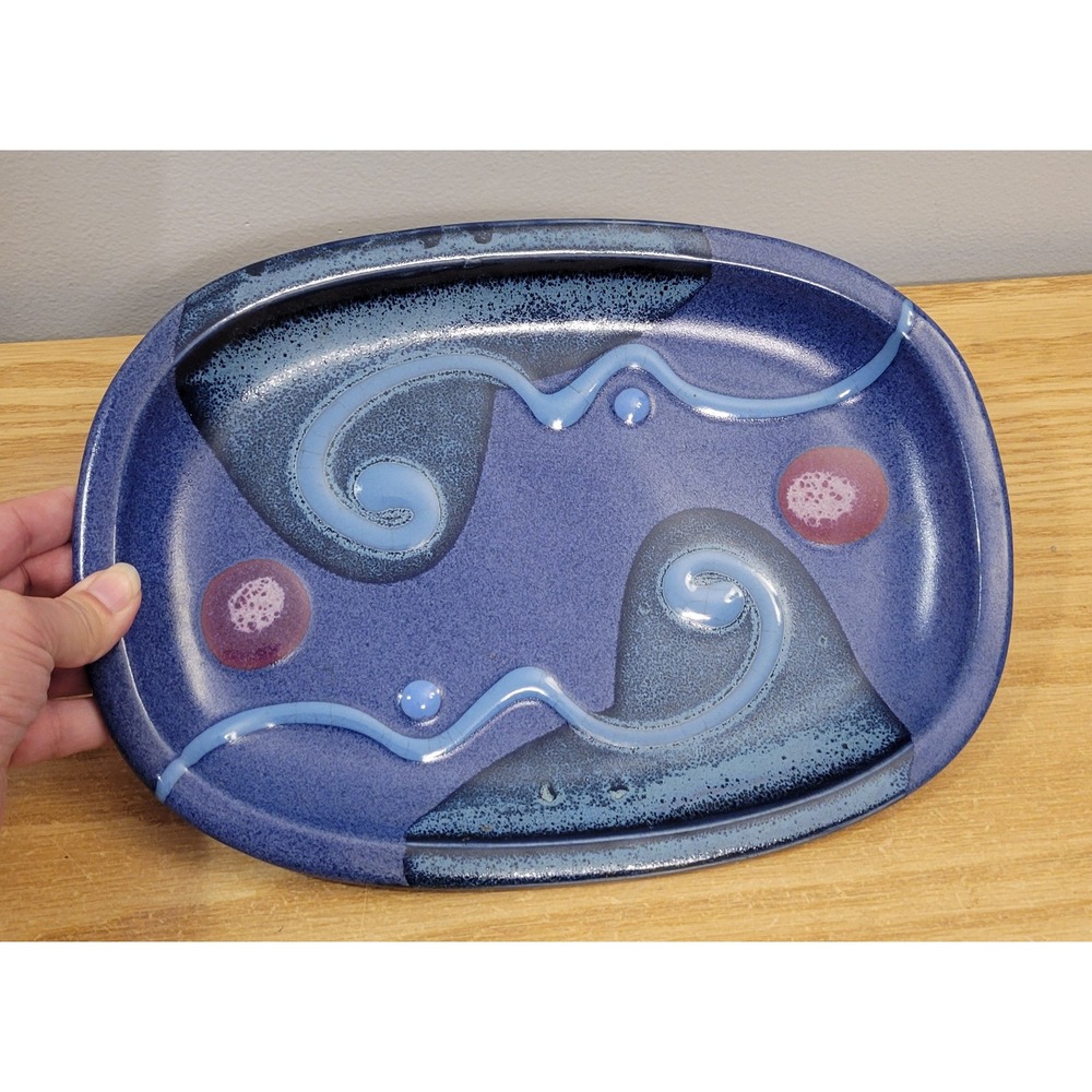 Matthew Patton Studio Art Pottery Oval Tray Signed Cobalt Blue Abstract 12 inch